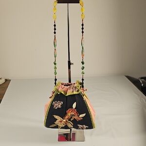 Embroidered Drawstring Bag with Beaded Strap